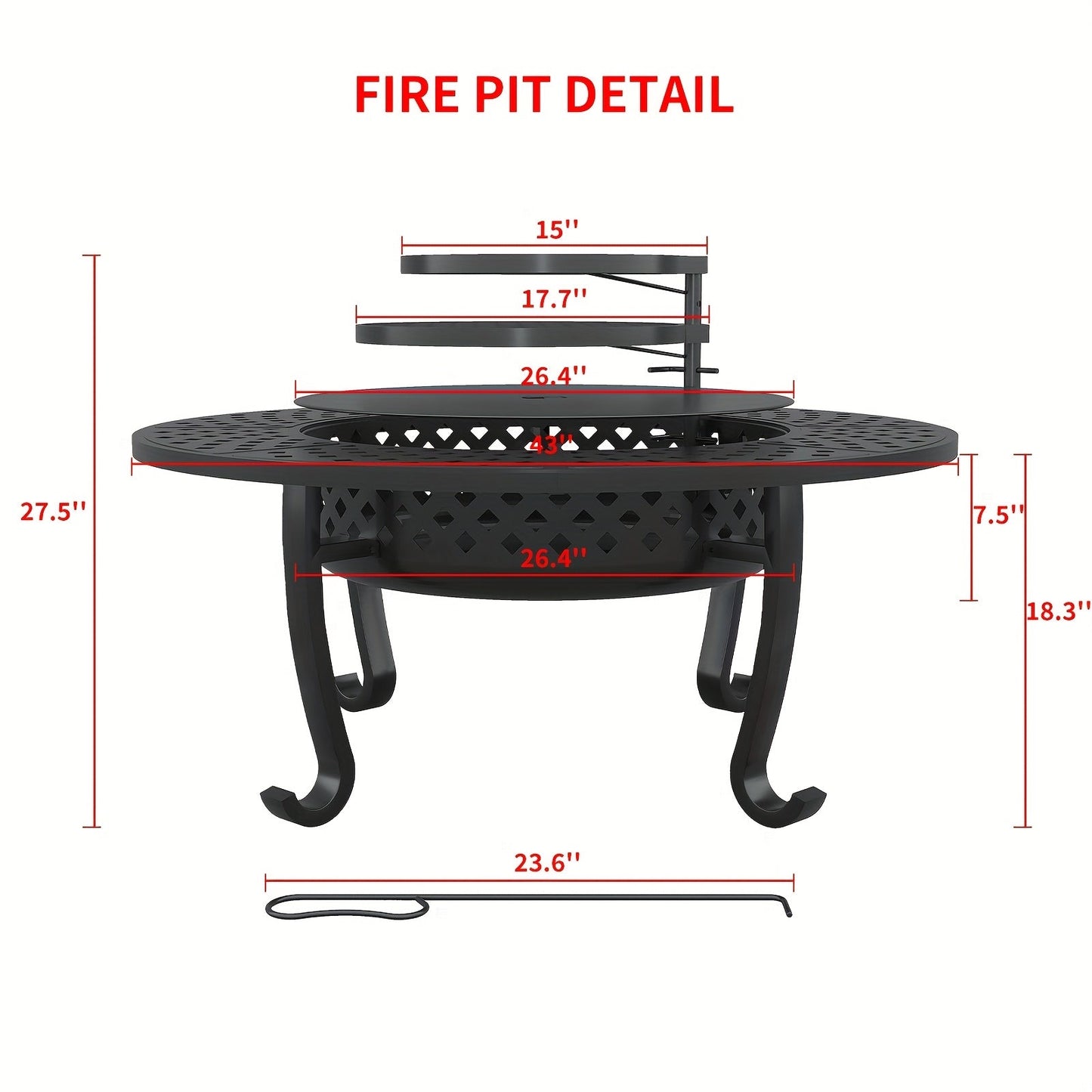 43-Inch Round Fire Pit Table with Two Cooking Grates, Center Lid, Perforated Bowl and Long Poker