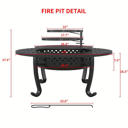 43-Inch Round Fire Pit Table with Two Cooking Grates, Center Lid, Perforated Bowl and Long Poker