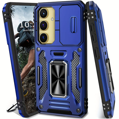 Samsung Galaxy Shockproof Magnetic Phone Case with 360° Rotating Ring Bracket & Sliding Lens Protector – Heavy Duty Cover for S24FE S23FE