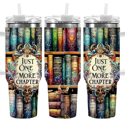 40oz Bookshelf-Art Handled Tumbler with Rotating Two-Position Lid, Straw and 7.5 x 27.5 cm Pictured Size