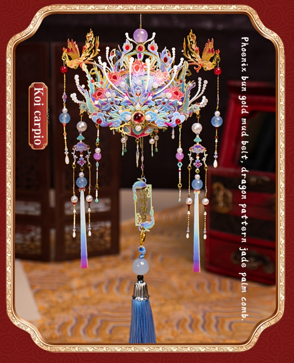 3D Metal Puzzle Phoenix Crown Qingluan – Blue & Gold DIY Assembly with Beads & Tassels, Chinese Mythology Art Collectible