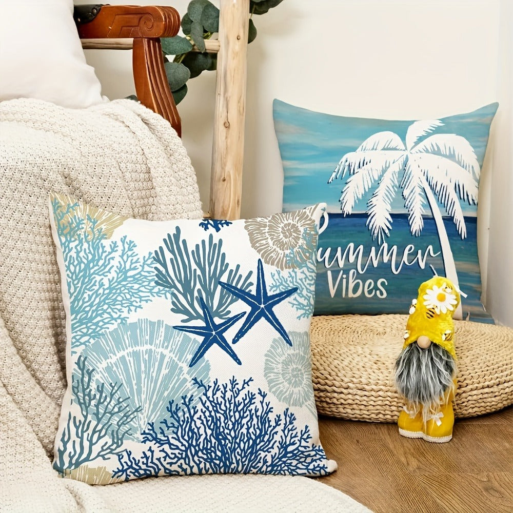 Four-Piece Coastal Pillow Cover Set, 18 x 18 Inches with Palm, Coral, Starfish and Beach Typography Designs