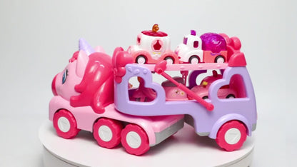 Pink Carrier Truck Toy with 4 Mini Cars, Music & Lights, Battery Powered Pull-Back Transport Vehicle for Girls Boys Ages 3+