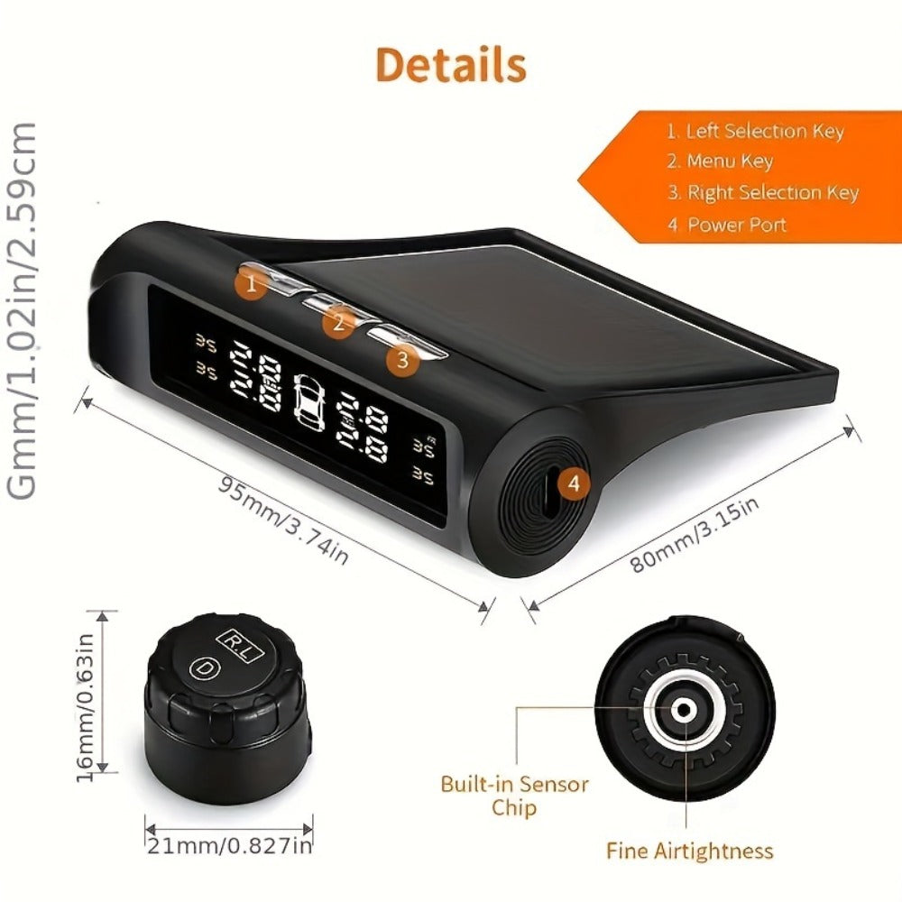 TPMS Tire Pressure Monitor Solar & USB Powered – Real-Time LCD Display, 6-Mode Auto Alarm, Windshield Mount, Day & Night Readable