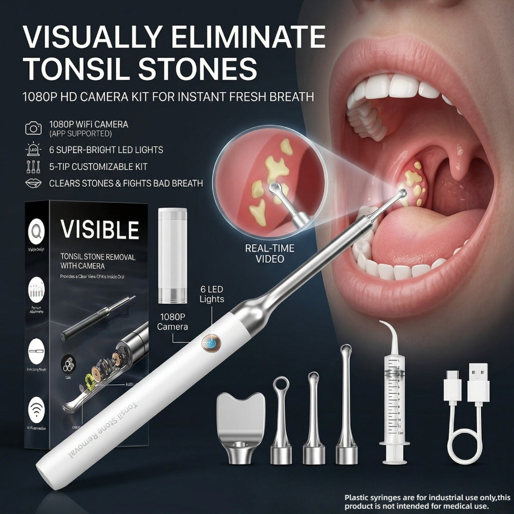 Tonsil Stone Remover with Camera 1080P HD Visual Oral Care Kit - 6 LED Lights, 5 Stainless Steel Tips