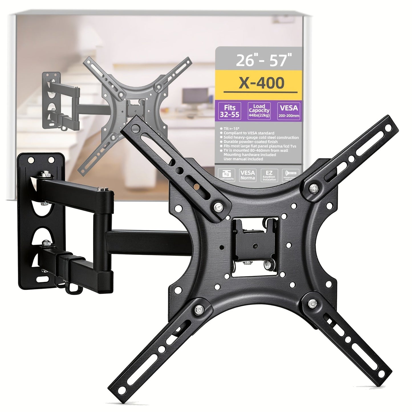 Compact Dual-Arm Full-Motion TV Wall Mount for 26-57 Inch Screens with Swivel, Tilt and Extension