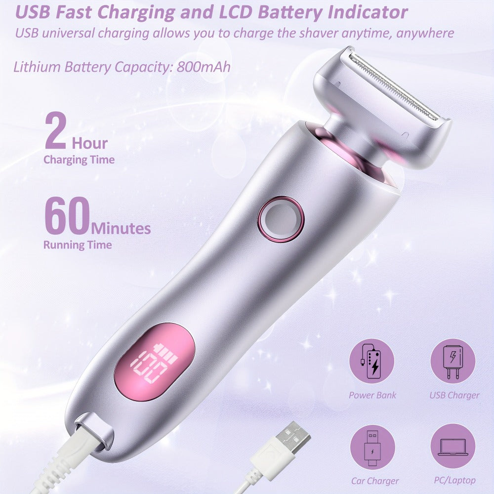Electric Shaver Bikini Razor with Stainless Steel Blade, Rechargeable Power and Waterproof Wet/Dry Use in Purple