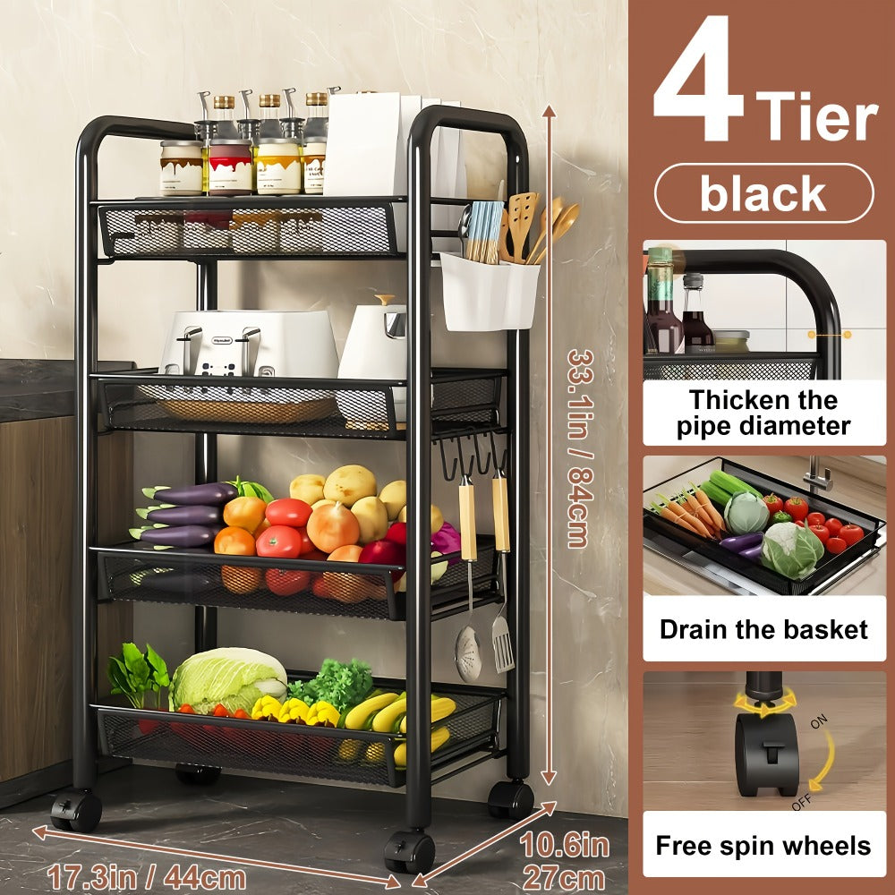 Rolling Storage Cart on Wheels – 3/4/5 Tier Carbon Steel Wire Basket Trolley, Black Metal Utility Cart for Kitchen, Bathroom, Bedroom