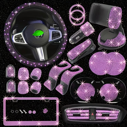 27pcs Bling Car Accessories Set for Women – Steering Wheel Cover 15", Car Coasters, License Plate Frame & Phone Holder