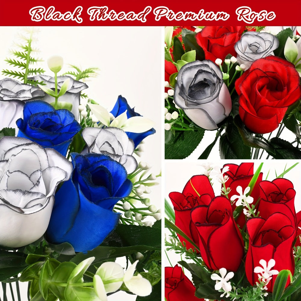 Artificial Cemetery Flowers for Grave with Saddle, Silk Rose Bouquet Headstone Decoration, Memorial Day Grave Flowers