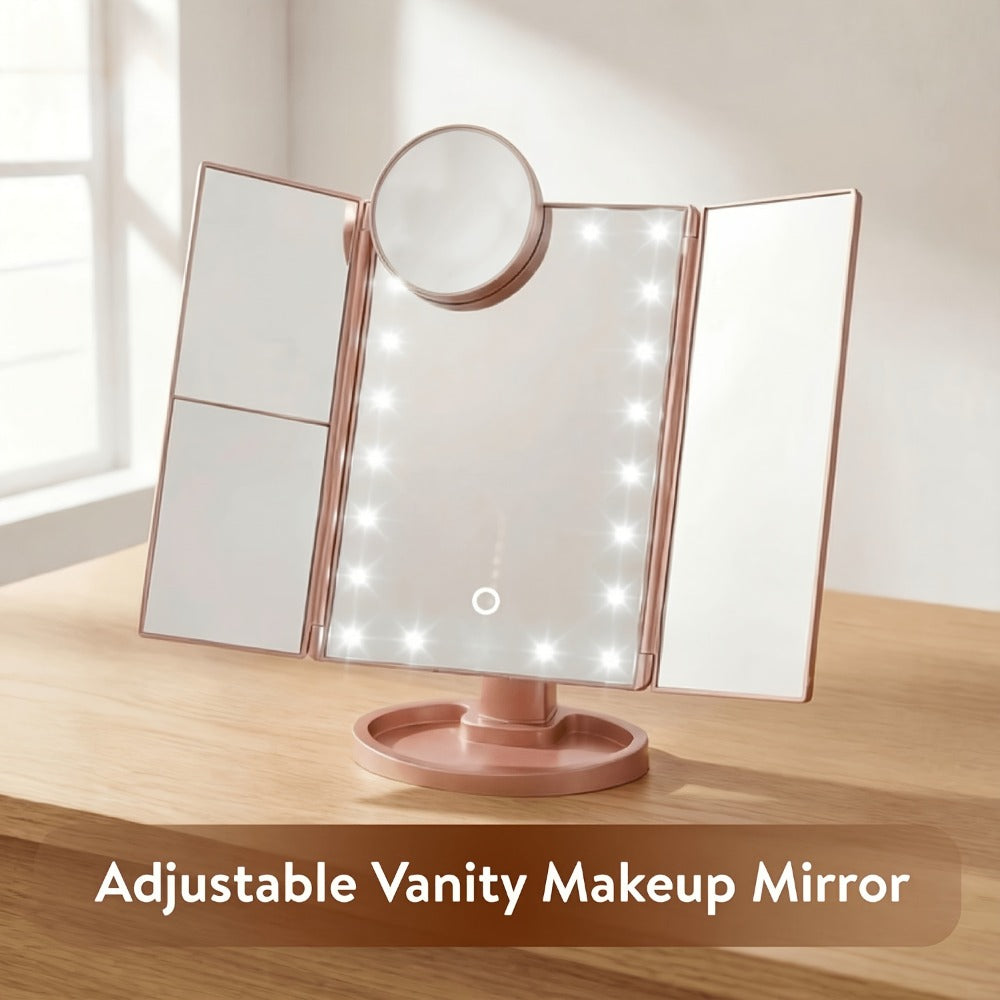Vanity Mirror with Lights Tri-Fold 21 LED Lighted Makeup Mirror Touch Control 1X 2X 3X 10X Magnification 360 Rotation Dual Power Tabletop