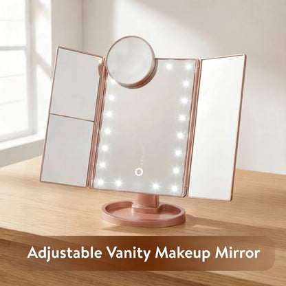 Vanity Mirror with Lights Tri-Fold 21 LED Lighted Makeup Mirror Touch Control 1X 2X 3X 10X Magnification 360 Rotation Dual Power Tabletop