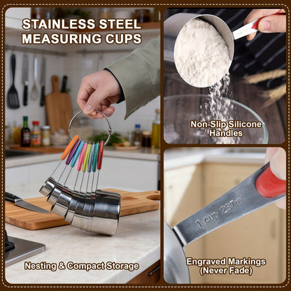 Stainless Steel Measuring Cups and Spoons Set 17 Piece – 8 Measuring Cups, 8 Double-Sided Spoons & 1 Leveler for Baking