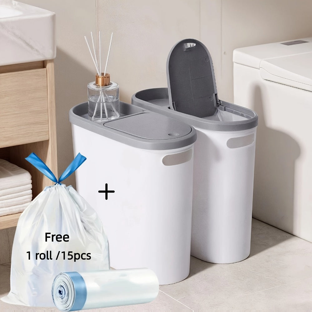 Slim 10L Bathroom Wastebasket with Lid Tray, Built-In Side Handles and Single or Two-Piece Options
