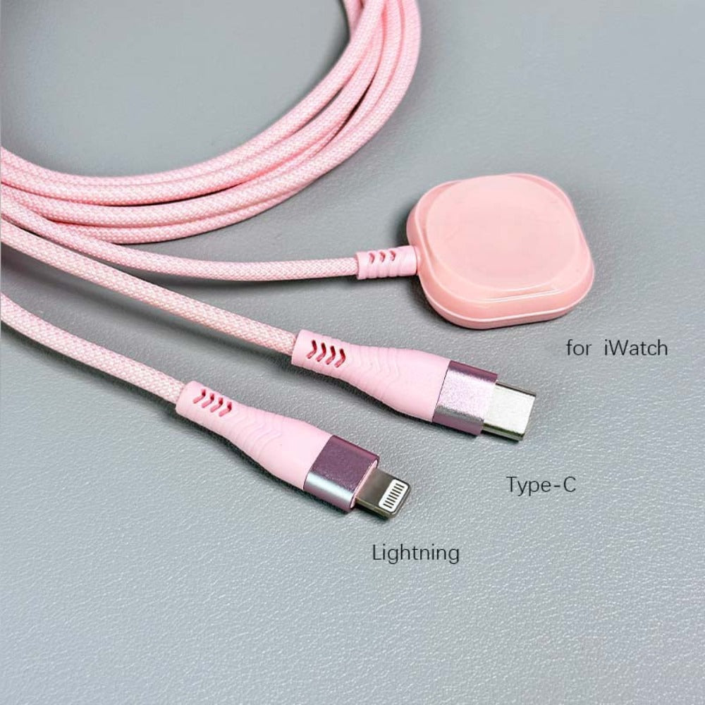 71-Inch Pink Braided Charging Cable with USB-A Input, Lightning, USB-C and Magnetic Watch Pad