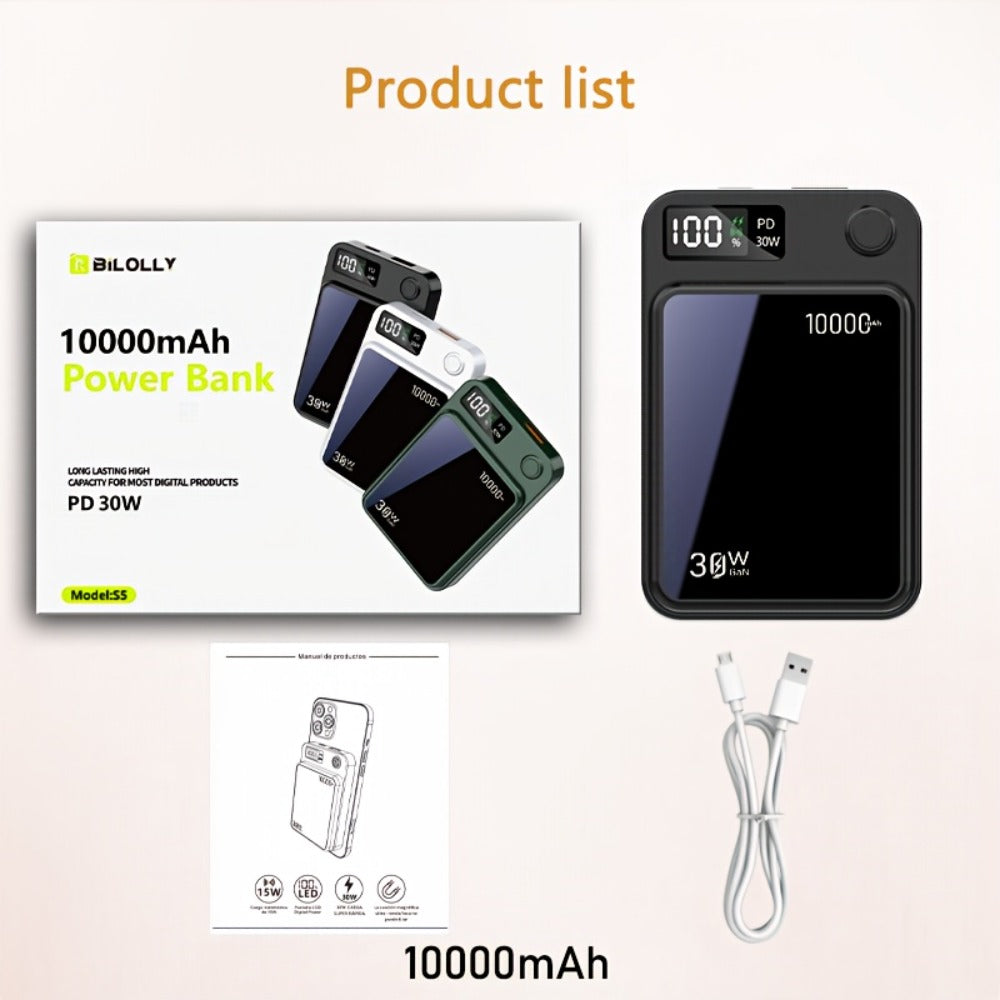 Power Bank Magnetic 6000-15000mAh with 30W Wired, 15W Wireless, Dual USB-C and Display in Four Colors
