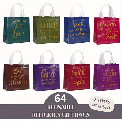 Gift Bag Set Bible Verse Print, 32 or 64 Non-Woven Bags in Eight Colors with White Handles and 9.06 x 8.66 x 4.33 Inch Size