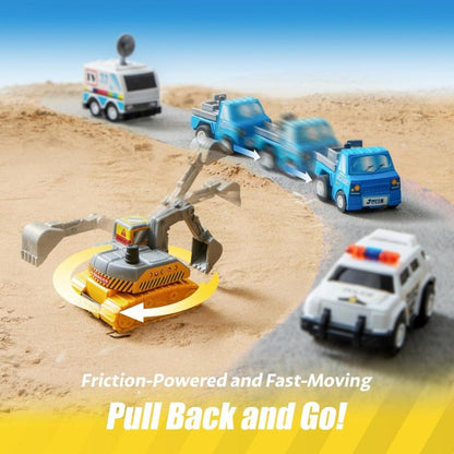 18-Piece Pull Back Mini Cars Set for Kids, City Vehicles Fire Truck Police Car School Bus Freight Train