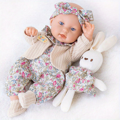 Floral Dress Baby Doll 12 Inch with Rabbit Plush Toy Gift Set, Realistic Vinyl Doll with Floral Outfit