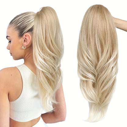 Drawstring Ponytail Extension for Women Long Wavy Layered Wrap Around Clip In Synthetic Pony Tail 26 Inch No Glue No Heat Blonde Brown Ash
