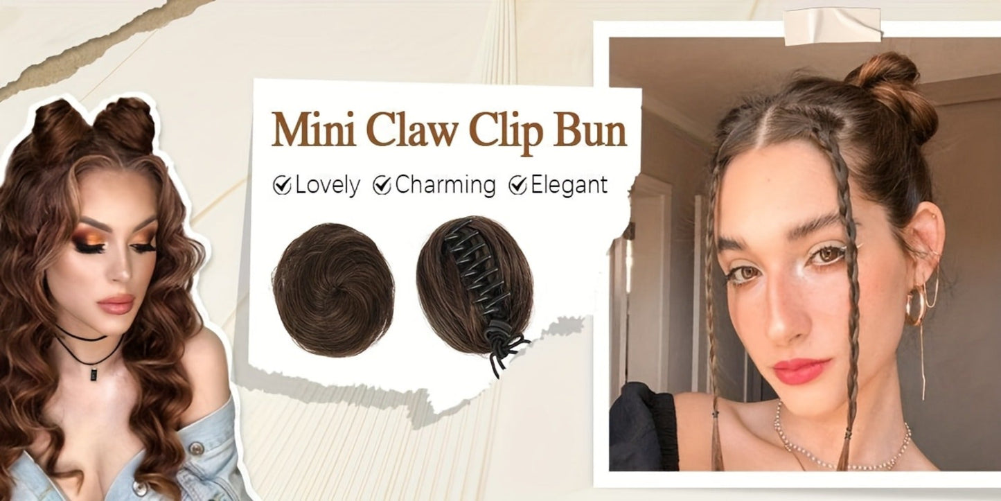 Mini Donut Bun Hairpiece with Cat Ears Claw Clip Messy Bun Synthetic Fiber Instant Updo – 2 Pcs Set for Women Girls All Hair Types Natural