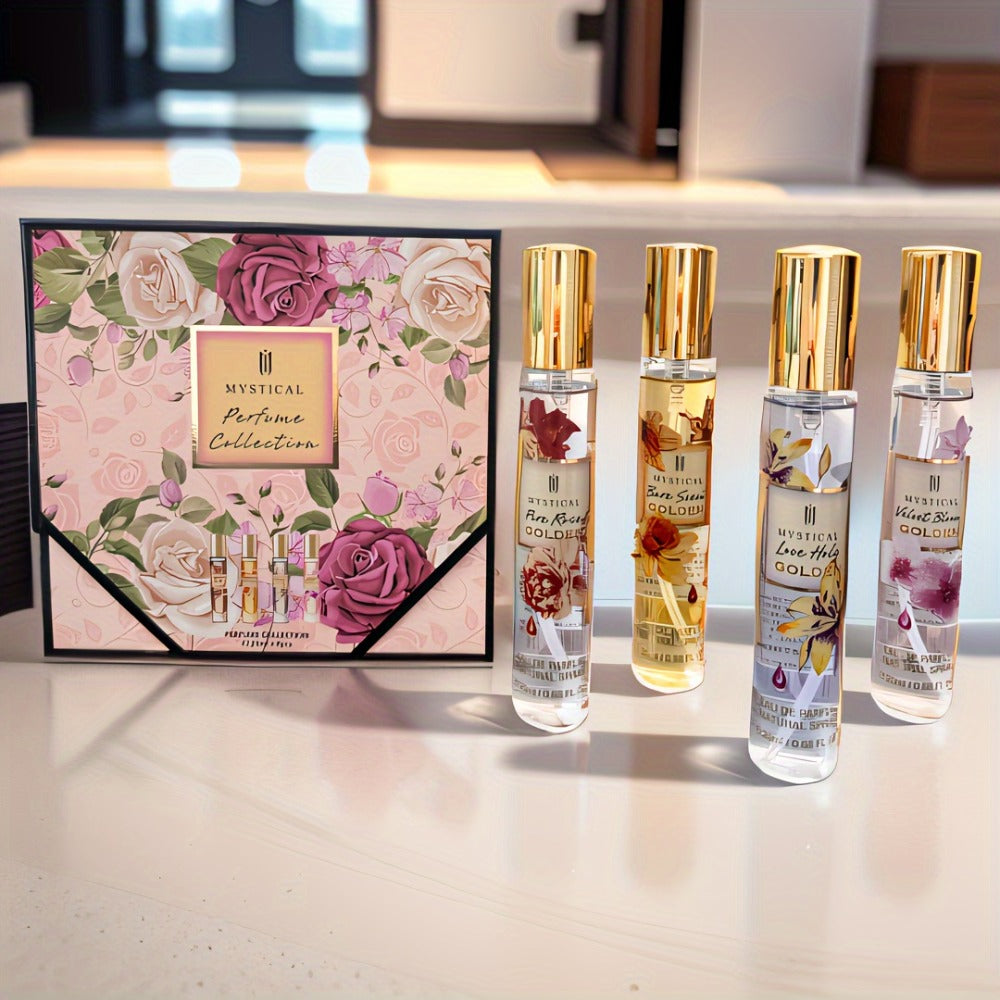 Perfume Gift Set Four 20ml Slim Spray Bottles with Gold Caps in Pink or Botanical Hinged Boxes