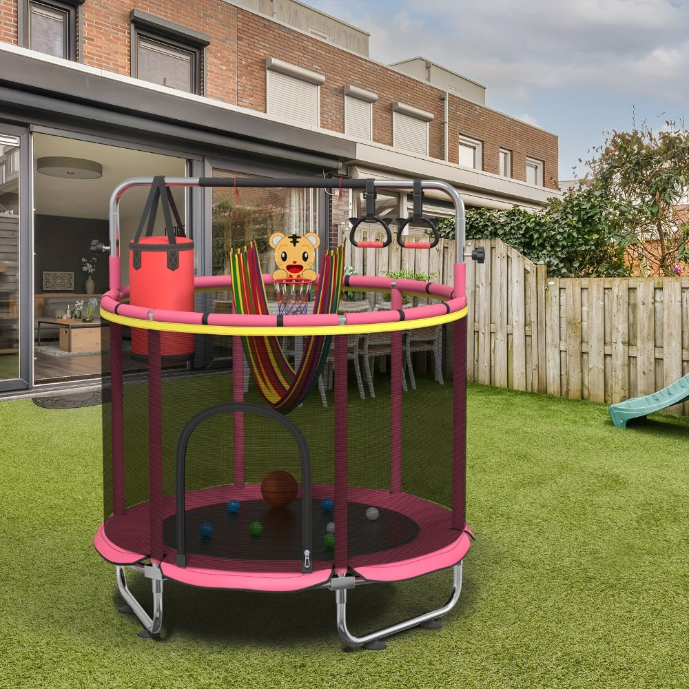 Kids Trampoline with Enclosure and Gymnastics Bar, 60" Height Adjustable Safety Net Trampoline for Toddlers Ages 3+