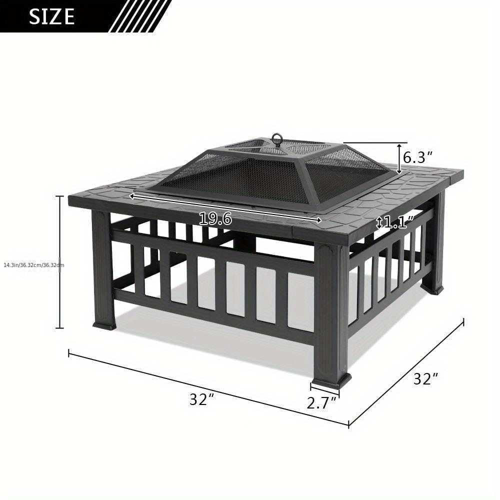 Square Fire Pit Table 32 Inch Metal Wood Burning Outdoor Fire Pit with Mesh Lid, Poker & Tabletop for Backyard Patio Garden Gatherings