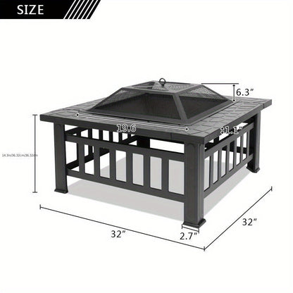 Square Fire Pit Table 32 Inch Metal Wood Burning Outdoor Fire Pit with Mesh Lid, Poker & Tabletop for Backyard Patio Garden Gatherings