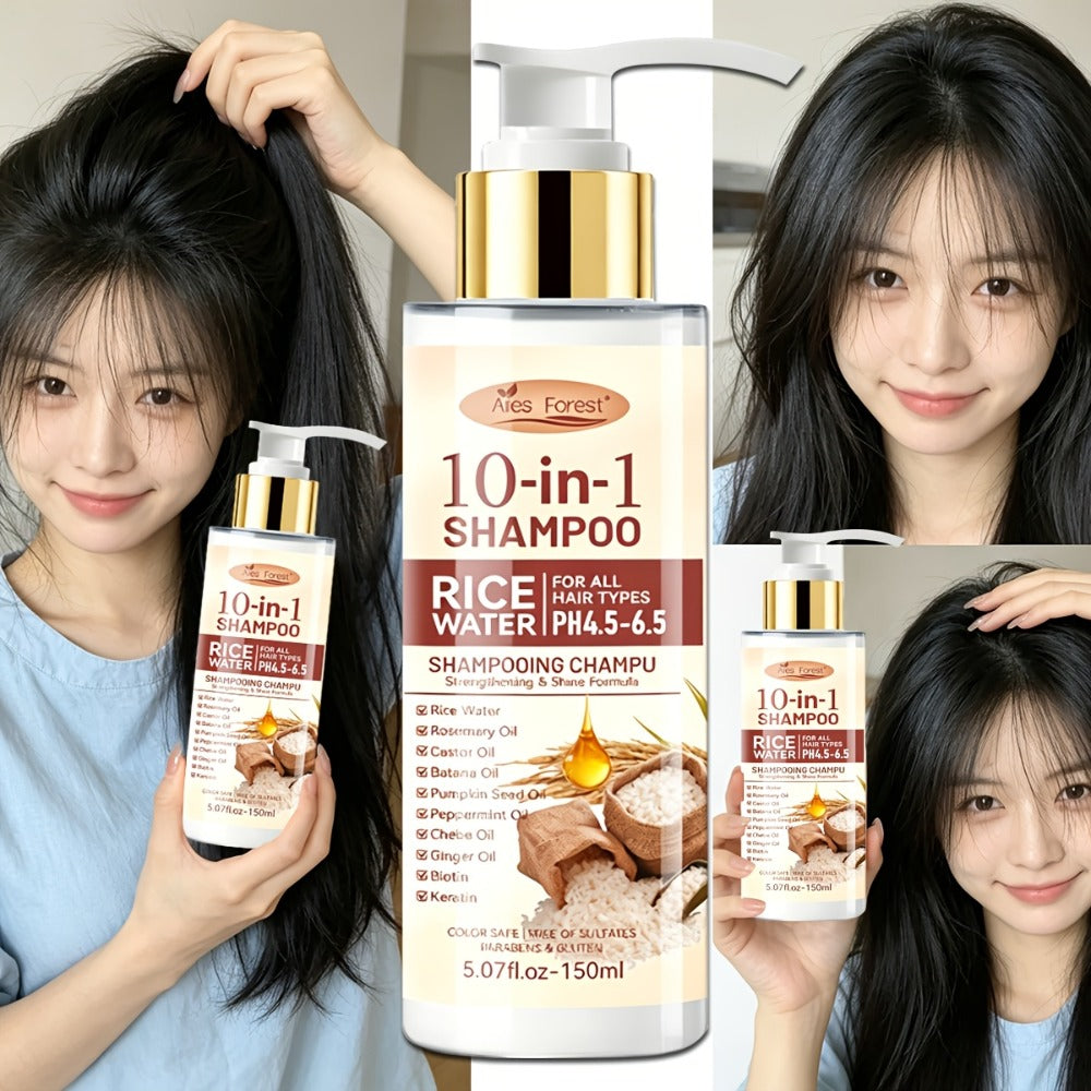 Rice Water 10-in-1-Labeled Shampoo and Conditioner Duo in 150mL Pump Bottles with White-and-Gold Packaging