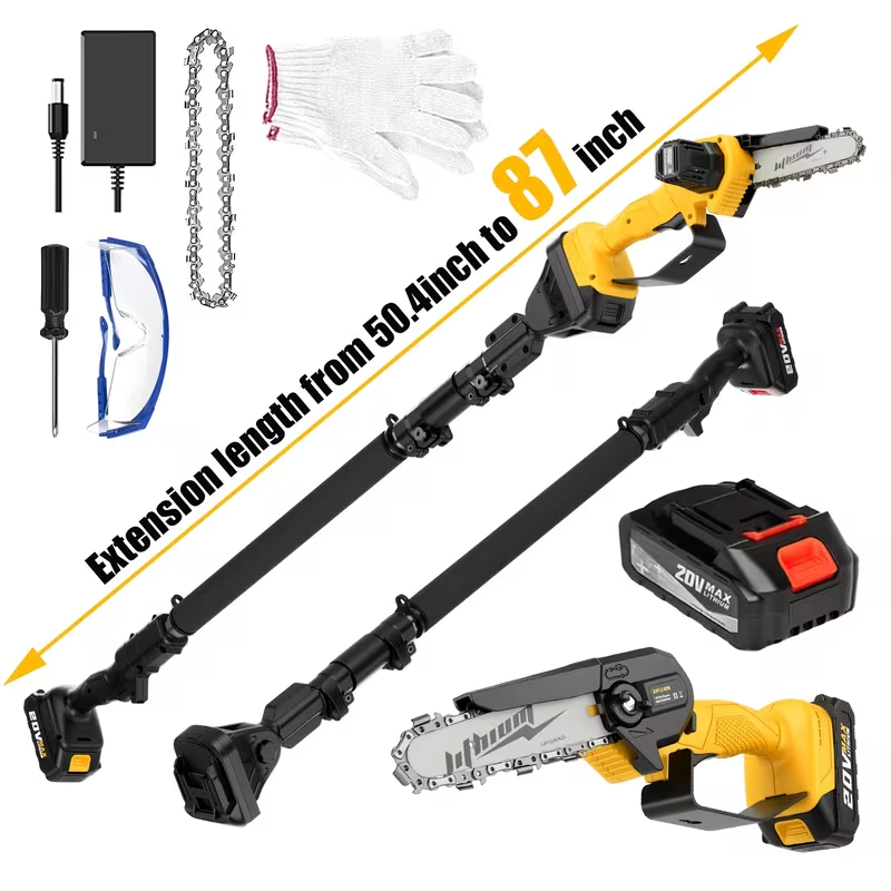 Electric Pole Saw 2-in-1 Cordless with 8" & 6" Chain, 20V 4.0Ah Battery, Adjustable Extendable Tree Pruner for Wood Cutting