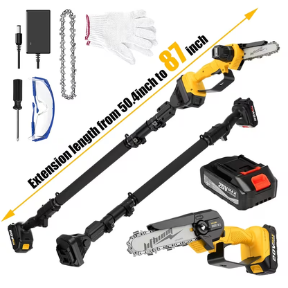 Electric Pole Saw 2-in-1 Cordless with 8" & 6" Chain, 20V 4.0Ah Battery, Adjustable Extendable Tree Pruner for Wood Cutting