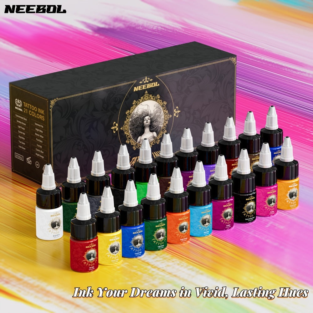 Tattoo Ink 14- or 21-Color Set with 0.5oz 15ml Bottles and Two Palette Choices for Color Selection