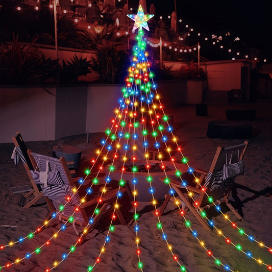 Christmas Tree Waterfall Fairy Lights 200 LED with Star Top Decoration, 8 Lighting Modes, Battery