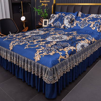 Ruffled Floral Bedspread Mat Set with Two Pillowcases, Twin to King Sizes and Four Pattern Choices