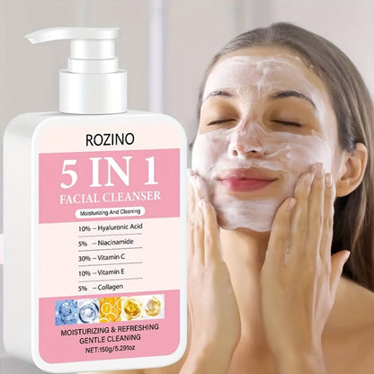 Brightening Face Wash 5-in-1 with Hyaluronic Acid Niacinamide Vitamin C Vitamin E & Collagen – Rich Foam Deep Cleansing Moisturizing Glow