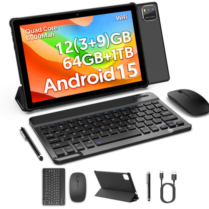Android Tablet 10-Inch 2-in-1 with Android 15, 12GB Total RAM, 64GB Internal Storage and Keyboard Case