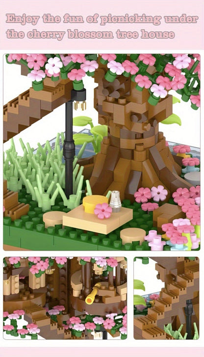 Building Block Set Cherry Blossom Tree House, 1020 or 2028 Micro Pieces with Pink Canopy and Base Display