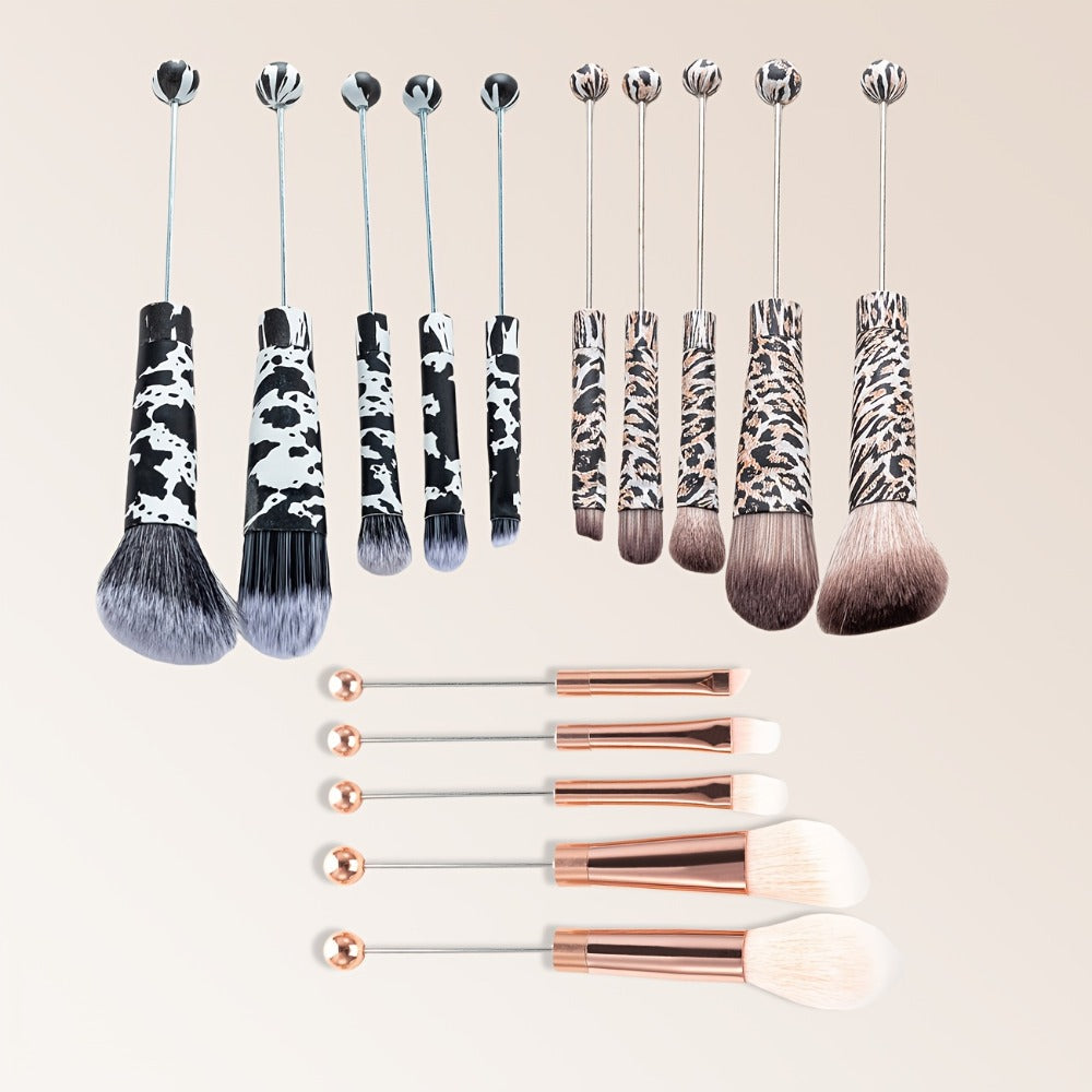 Makeup Brush Set, 15-Piece Bead-Ready Metal Handle Collection with Powder, Blush, Eyeshadow and Angled Brush Shapes