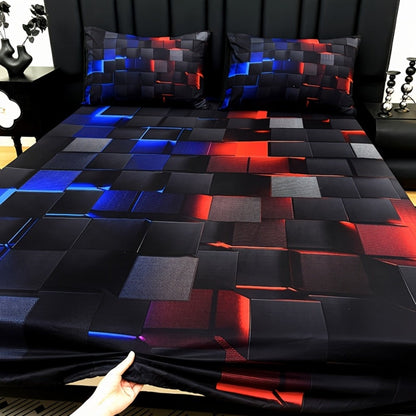 Fitted Sheet Set 3 Piece Digital Print Plaid – Deep Pocket 15 Inch Bed Sheet with 2 Pillowcases, 85% Polyester Soft Breathable Bedding Set