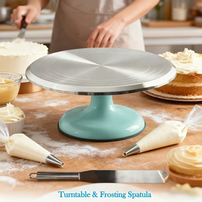 9.84-Inch Rotating Cake Turntable with Frosting Spatula and Pink, Sky Blue or White Base for Decorating