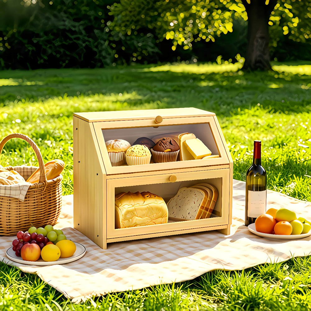 Bread Box for Kitchen Countertop, Large Bread Storage Container with Transparent Window, Multi-Layer Design for Loaves