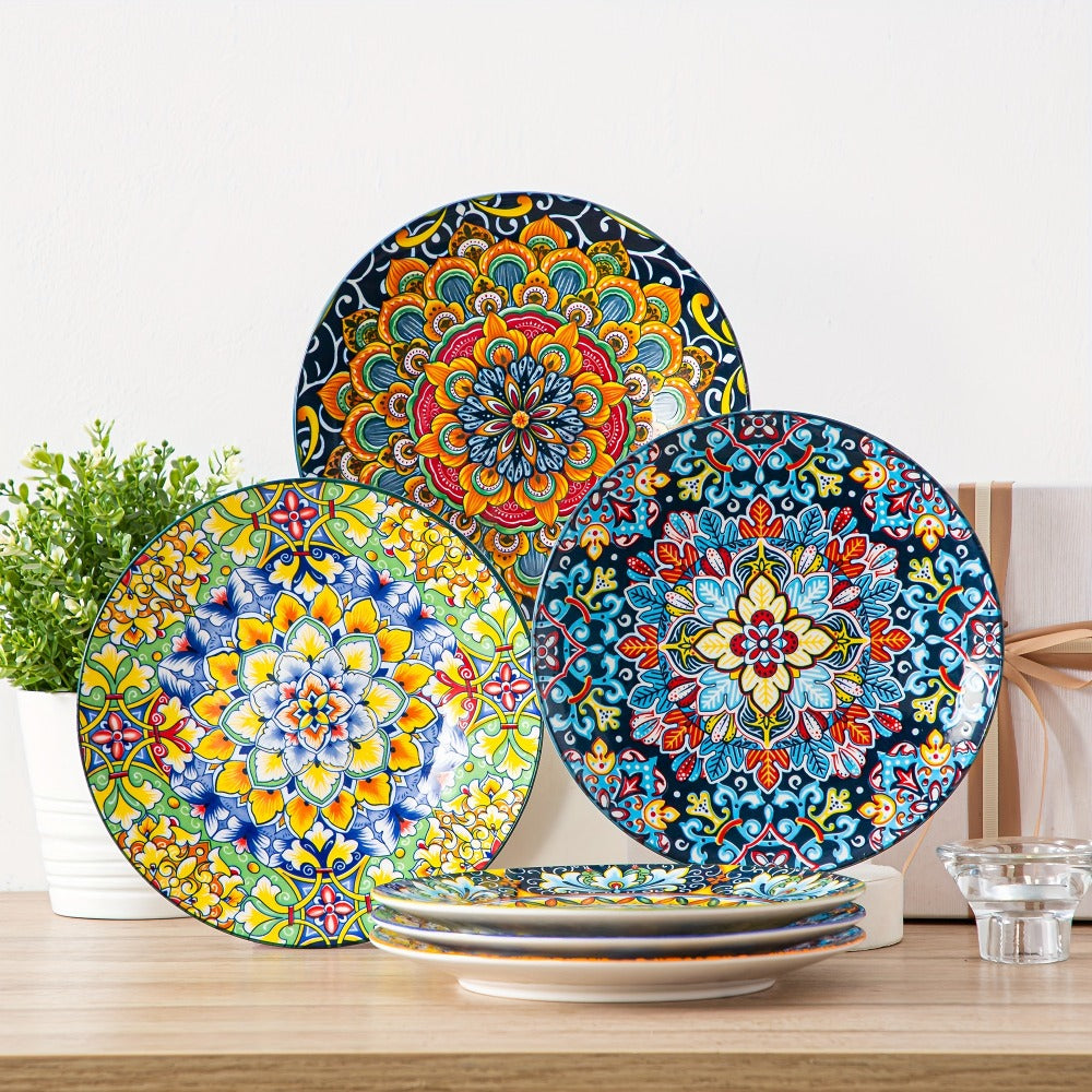 Bohemian Ceramic Dessert Plate Set of 6 – 8.5 Inch Colorful Abstract Pattern Dinnerware, Glazed Porcelain Plates