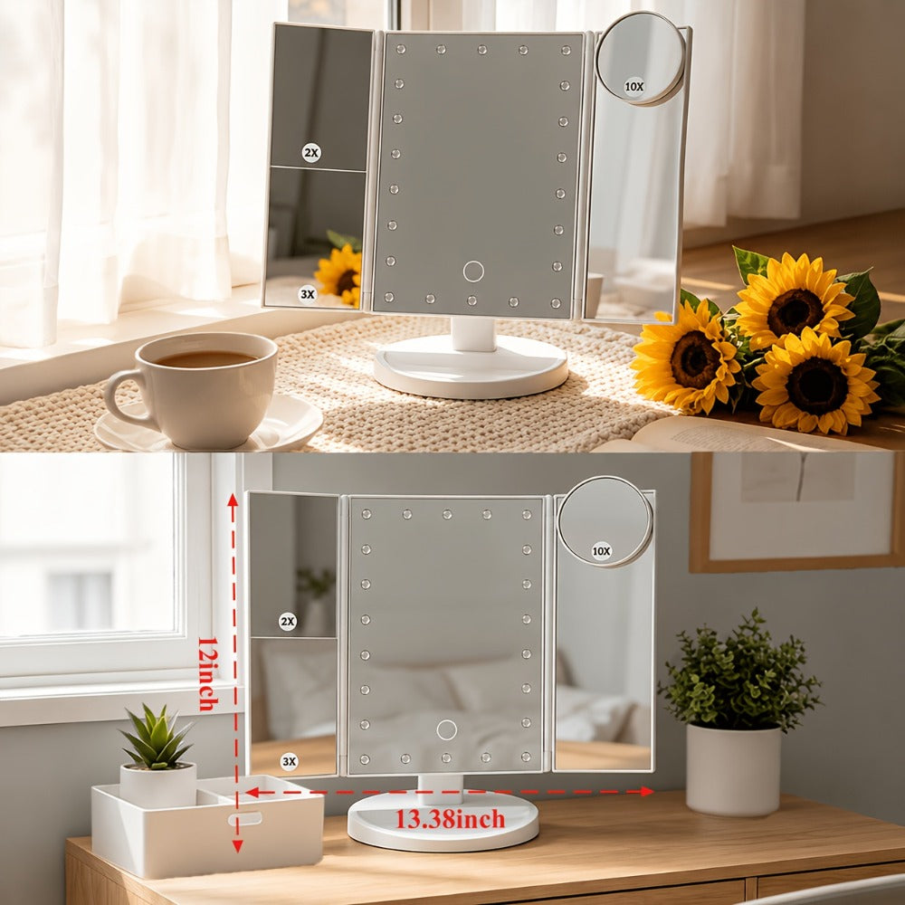 LED Tri-Fold Makeup Mirror with Touch Screen, 1X/2X/3X/10X Magnifying Vanity Mirror, Flexible Adjustable Base