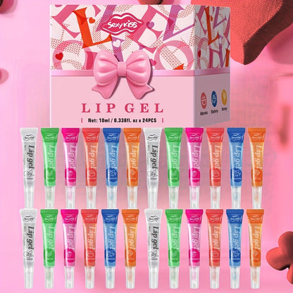 Lip Balm 24-Piece Glossy Lip Gel Collection with Assorted Fruit Labels and Pink Gift Box Packaging