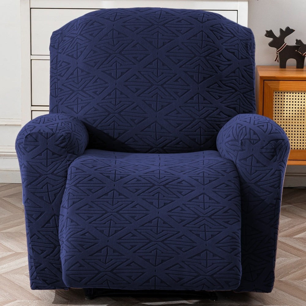 Four-Piece Geometric Jacquard Recliner Chair Cover Set with Labeled Left, Right, Back and Front Sections