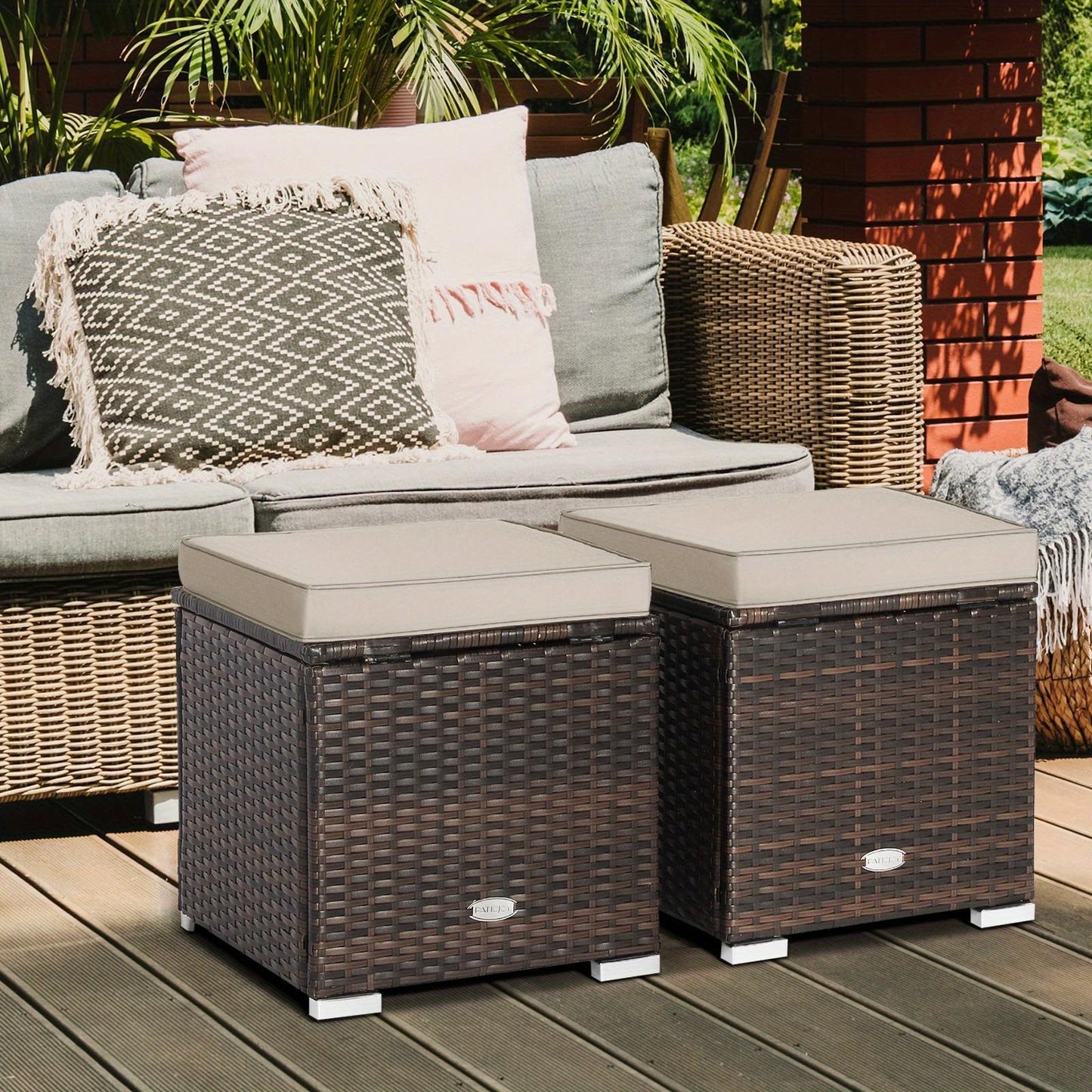 Outdoor Wicker Ottoman Set of 2 with Hidden Storage – PE Wicker Footstools with Detachable Cushions, Side Table & Extra Seating for Patio