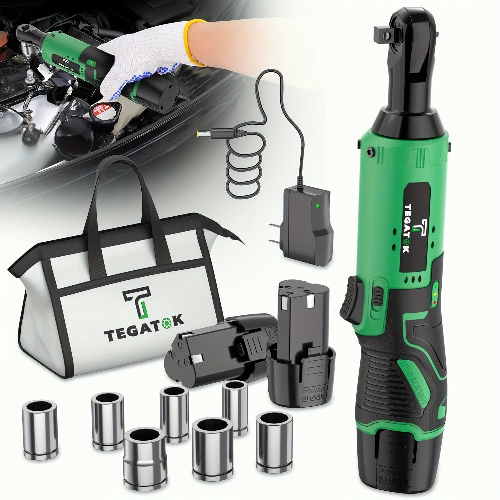 12V Cordless Ratchet Wrench Set 3/8" Drive, 40 Ft-lbs Torque, Variable Speed Trigger, Lithium-Ion Battery