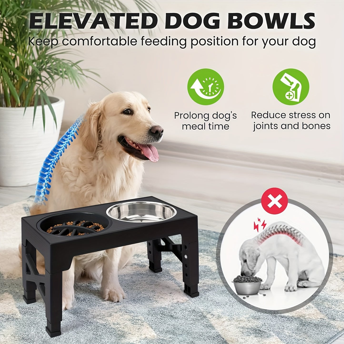 Elevated Dog Bowl Stand with 3 Stainless Steel Bowls – 5 Adjustable Heights, Slow Feeder Design for Small Medium Large Dogs | Anti-Slip