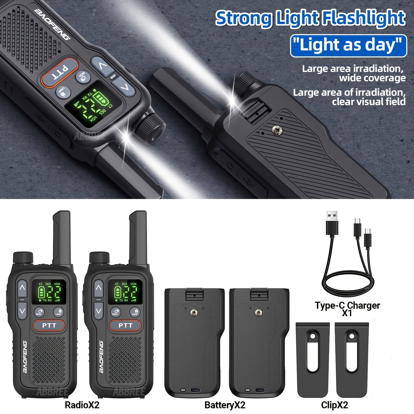 FRS Two Way Radio Rechargeable, BAOFENG BF-T18 Walkie Talkies Long Range with NOAA Weather Alert, VOX Hands-Free, 1500mAh USB-C Battery